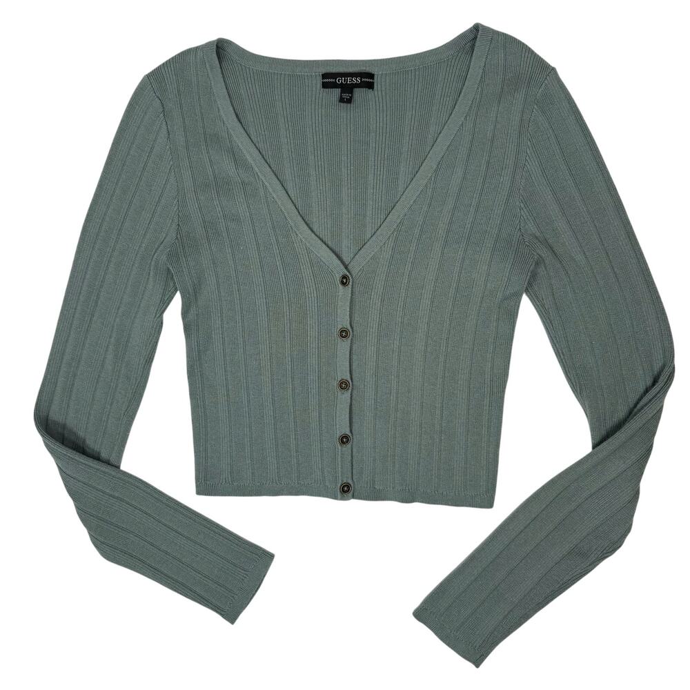 Guess Crop Cardigan Sweater Women's Large Olive Green V Neck Stretch Long Sleeve
